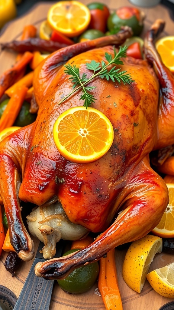 Roast Duck with Crispy Skin Recipe A perfectly roasted duck with crispy skin, garnished with herbs and oranges, served on a wooden platter with roasted vegetables.